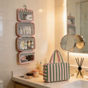PLLEWY Hanging Travel Toiletry Bag 4-Fold Striped Cosmetic Bag Portable Large Capacity Cosmetic Organizer Travel