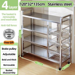 🔥SG Local Seller🔥2025 Upgrade Stainless Steel Kitchen Shelf Storage Rack Removable With Wheels Height Adjustable Multi Functional Oven/Microwave/Pot/ Organizer Vegetable Fruit Storeroom Metal Rack With Layered Partition Basket