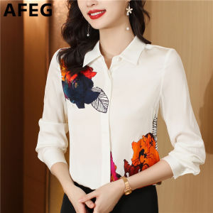 AFEG New Korean Shirt Collar Fashion Loose Versatile Chiffon Print Long Sleeve Blouse for women