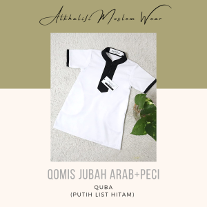 Alkhalifi Moslem Wear - Gamis Jubah Arab Anak Bayi Balita Koko Gamis Pesantren Pengajian Lebaran Aqiqah Series Lengan Pendek QUBA Warna Putih List Hitam