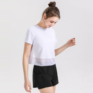 YueJi Mesh Hem Yoga Top for Women Short Sleeve Loose Quick-drying Thin Plus Size Sport T-shirt