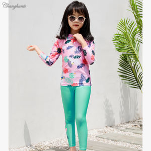 Children Two Pieces Swimwear Rash Guards for Boys Swimming Outfit for Kids Girl Baby Long Sleeve Sandy Beachwear Child Swimsuit 2-8 Y Light Blue Pink with Leaves Pattern