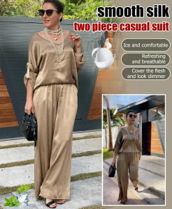 Casual Short Sleeve Wide Leg Pants Set Fashionable Temperament VNeck Satin Wide Leg Pants Set