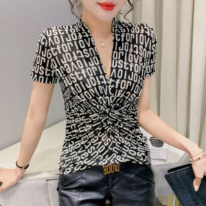 YIMEI Áo Thun Nữ Sọc Ôm Dáng Mùa Hè 2023 Áo Lưới Cổ Chữ V Thời Trang Thiết Kế Phong Cách Thiết Kế Áo Thun Nữ Ngắn Tay In Họa Tiết Phong Cách Phương Tây