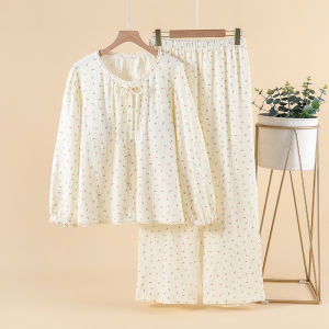 Womens Pajamas 100% Cotton Crepe Spring and Autumn Built-in Chest Pads Long Sleeves Trousers Set Loose Large Size Loungewear