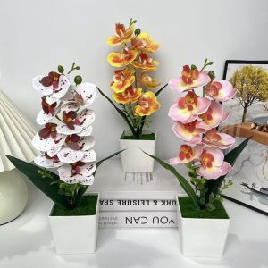 JIMEIXIAN01 Multi-Bloom Artificial Orchid Potted Flowers Phalaenopsis Simulated Artificial Faux Plants  with White Pot Plastic Fake Flower Home Decor