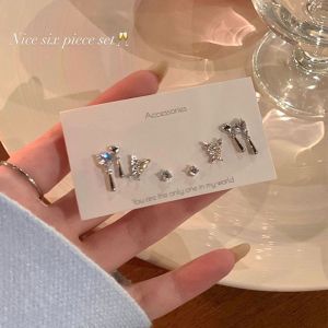 Fashion Angel Girl ชุดต่างหูเม็ดกลมมีตัวอักษร H 6ชิ้น/ชุดต่างหูพลอยเทียมสีทองฝังหญิงของขวัญวันเกิดนักเรียนเทศกาล