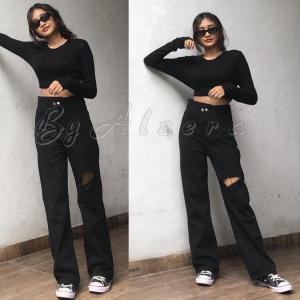 HIGHWAIST JEANS KULOT HITAM SOBEK ( SOBEK SEBELAH ) / KULOT JEANS / KULOT ROBEK BY ALZERA