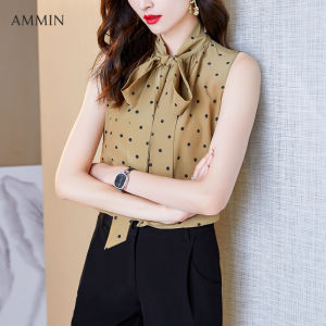 AMMIN Tops 2021 summer v-neck bow tie tie polka dot print chiffon shirt women sleeveless niche chic commuting sweet and elegant blouse