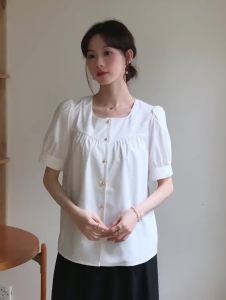 AMMIN เสื้อเชิ้ตกระดุมโลหะผ้าชีฟองกระดุมแถวเดียวสำหรับผู้หญิงเสื้อเชิ้ตผู้หญิงแขนสั้นเรียบง่ายฤดูร้อน2024