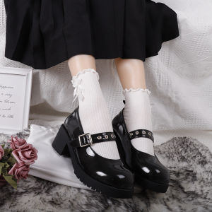 One Shoes ถุงเท้าน่ารักของผู้หญิง ถุงเท้ายาวถึงเข่าของผู้หญิง ถุงเท้าสีขาว ถุงเท้าลูกไม้โบว์น่ารัก