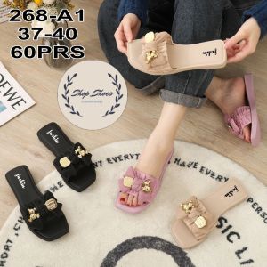 Sandal Selop Jelly Wanita Korea Tebal Bear Pita Pernik Gold Cantik Cute Kekinian Import 268-X17