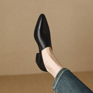 Free Shipping Mid-Heel WomenS Pumps Chunky Heel Spring Collection Pointed Toe Apricot Color Slip-On Style WomenS Leather Shoes WomenS Leather Shoes