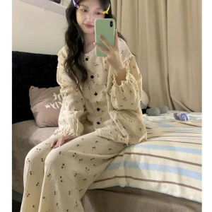 Bộ ngủ nữ đồ mặc nhà dài tay cho nữ ren ngọt ngào đáng yêu thu đông phong cách tiểu thư Pj5