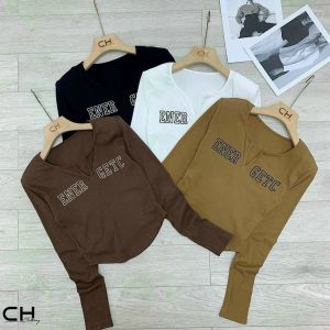 ÁO THUN GÂN LEN CỔ XẺ V IN CHỮ SIÊU XINH GETC