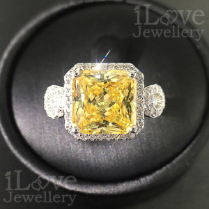iLove Jewellery 925 Sterling Silver 18K White Gold Plated 5ct Yellow Radiant Cut Cubic Zirconia Ring Luxury Jewelry Diamond Gifts for Women Fashion ILR040