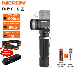 NICRON Mini LED Flashlight B74e/B74uv/B74 600LM/700LM 90° Rotatable Head Torch Magnetic Back & Rotary Clip IP65 Waterproof Hands-Free Dual Fuel Light White/UV/Red Light Outdoor Camping Emergency Christmas Gift