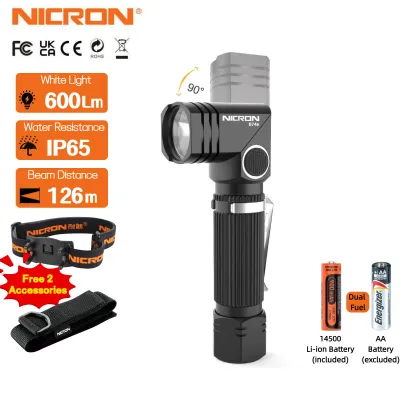 NICRON Mini LED Flashlight B74e/B74uv/B74 600LM/700LM 90° Rotatable Head Torch Magnetic Back & Rotary Clip IP65 Waterproof Hands-Free Dual Fuel Light White/UV/Red Light Outdoor Camping Emergency Christmas Gift