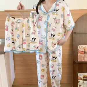 HS COD Piyama Kancing Depan Import Set 3in1 Satu Baju Dua Celana | Baju Tidur Kancing Depan | Piyama Kancing Pendek | Baju Tidur Wanita