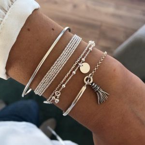European and American Simple Silver Polished Tassel Bracelet Multi-layer Chain Round Piece 4-piece Set Bracelet