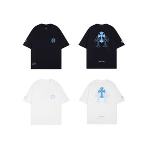 เสื้อยืดแขนสั้นพิมพ์ลายไม้กางเขนเกือกม้าสีน้ำเงินสุดเทรนด์ใหม่สำหรับผู้ชายและผู้หญิงของ Chrome Hearts