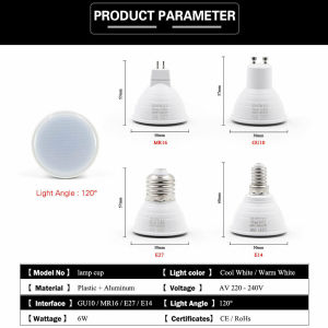 10Pcs LED Bulbs 6W Spotlight GU10 MR16 E27 E14 Base 220V 240V Cool White 6000K Warm White 3000K 24 And 120 Degree Beam Angle Aluminum Body PC Lampshade Light