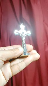 St. Benedict Exorcism Silver Crucifix or Car Adhesive Stand/Hanging Crucifix Silver Metal 1.75X3.25 inch