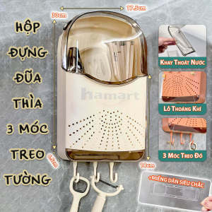 Hộp Đựng Đũa Thìa Treo Tường Có Nắp Đậy Khay Thoát Nước 3 Móc Nhựa Treo Đồ Kèm Miếng Dán Siêu Dính