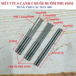 SV Mũi vít 4 cạnh 800 chuôi cánh bướm PHI 4mm DÀI 80MM