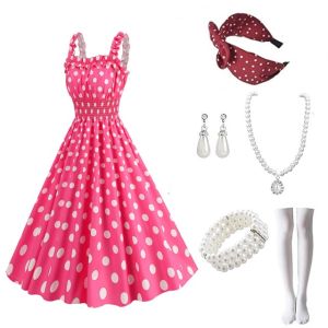 Summer New R 1950S Hepburn Style Polka Dot Dress with Bow Hair Band Pink Sling Tartan Skirt