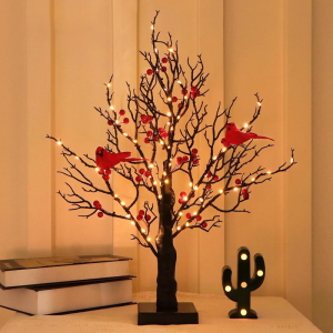 Vintage Glowing Tree with Redbirds Tree with Redbirds，Red Bird Tree Light Christmas Tree with Berries for Tabletop Centerpieces Christmas Decorations Holiday Party