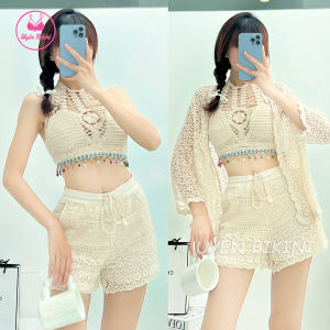 Đồ bơi nữ bikini 3 món ren móc quảng châu cổ yếm phong cách vintage đồ đi biển bikini kín đáo