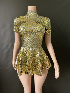 [Cowaii]Nightclub Leotard Shining Lovely Sequins Dress Costume Celebrate RhinestoneBodysuit Birthday Silver Dresses 7G