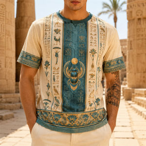 [Local Stock] HBESTY  Mens Egyptian Graphic Print T Shirt Short Sleeve Casual Summer Streetwear Fashion Top Ancient Symbol Pattern Design Clothing