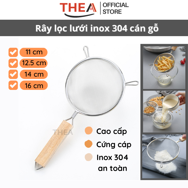 Rây lọc lưới inox 304 cán gỗ cao cấp THEA, lọc trà, cháo, thức ăn dặm ...