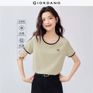 GIORDANO Women T-Shirts Cool-Touch Cotton Letter Embroidery Tee Contrasting Short Sleeve Simple Fashion Casual Tshirts 05325432