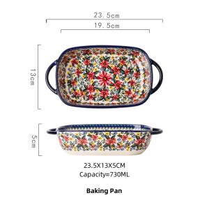 OMK Polish Series Hand-painted Ceramic Rectangular Baking Pan Round Baking Pan with Two Ears Baking Trays & Pans