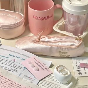 TSEVD Cute Design Ballet Shoes Pencil Case Large Capacity Makeup Bag Pen Storage Bag Kawaii Organizer Satin Stationery Bag School Office