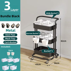 Bundle Set Metal Utility Cart with Baskets Kitchen Shelf 3Tier Trolley Organizer for Office Bathroom Storage Rack