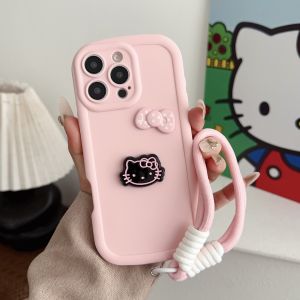 เคสโบว์คิตตี้รูปการ์ตูน3D น่ารักสำหรับ iPhone 15 12 11 13 14 16 Pro Max 7 8 Plus X Xs Xr 15Plus 16e เคสซิลิโคนแบบนิ่ม + สายคล้อง