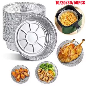 30/50pcs Air Fryer Aluminium Foil Trays Round Containers Tin Box Disposable Steaming Basket Kitchen Baking Tool BBQ Drip Pan Tray