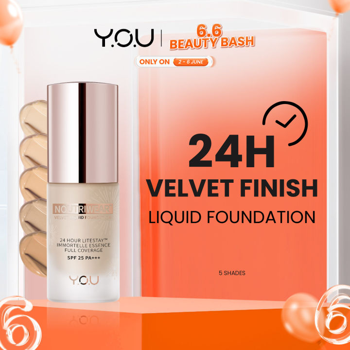 YOU 24H NoutriWear+ Velvet Liquid Foundation SPF Alas Bedak Perawatan Wajah Tahan Lama 24 Jam Full Coverage Kosmetik
