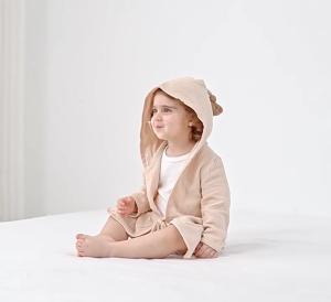 Hooded Childrens Bathrobe Cotton Cloak Quick Drying Shower Towel Cape with Tie for Home or Travel Use