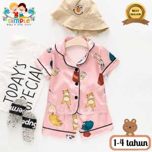 Baju Tidur Anak Setelan Piyama Pendek Import Bahan Satin Animal Pink #2 Usia 1-4 Tahun