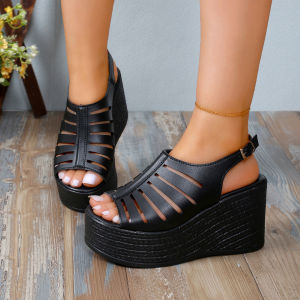 New Thick-soled Wedge Hollow Roman Sandals Womens Foreign Trade Vintage Fish-mouth Flat-bottom Plus-size Sandals
