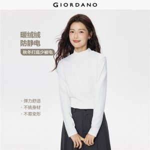 GIORDANO Women T-Shirts Double-Faced Fleece Soft Warm Tee Mock Neck Long Sleeve Solid Color Fashion Casual Tshirts 05325822