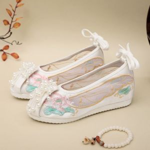 ZEEMIN Womens Flat Sole Embroidered Shoes Spring Summer Shallow Ankle Strap String Bead Tassel Hanfu Shoes Horse Face Skirt Shoes