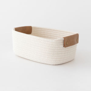 JustLiving 1ชิ้นตะกร้าผ้าเชือกคอตตอนทำด้วยมือดูตะกร้าใส่ของตะกร้าใส่ของเชือกถักสำหรับชั้นวางของเล่นสุนัขถังตะกร้าเชือกผ้าฝ้ายสำหรับการจัดระเบียบด้วยมือจับหนัง