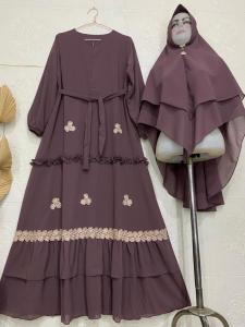 Gamis Syari Ceruty Renda Bunga Terbaru / Gamis Set Khimar Terlaris 2022 / Gamis Busui Renda Cantik