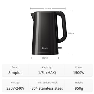 Simplus 1.7L Electric Kettle 1500W Fast Heating 304 Stainless Steel Inner Anti-Dry Burn Protection Double Layer Anti-Scalding Two-stage Open Lid